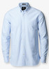 A light blue button-up shirt with long sleeves and a collar, featuring a logo on the front.