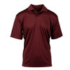 A maroon polyester sport shirt with a classic polo collar and a logo on the chest.