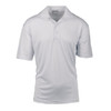 A white polyester sport shirt featuring a classic polo style and a logo on the chest.