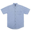 A short-sleeve, button-up shirt in light blue denim with a single chest pocket and a collar. It features a logo.