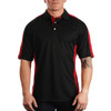A black and red polo shirt with short sleeves, featuring contrasting side panels and a logo on the chest.