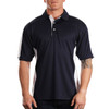 A navy and white polo shirt with a logo, featuring short sleeves and a collar.