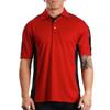 A red and black moisture-free mesh polo shirt featuring a logo on the chest.