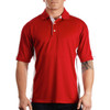 A red and white moisture-free mesh polo shirt featuring a collar and three buttons, with a logo on the chest.