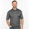 A man wearing a grey moisture-free pique polo shirt with a collar and short sleeves, featuring a logo.