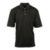 A black moisture-free pique polo shirt with a classic collar and three buttons, featuring a logo on the chest.