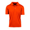 An orange polo shirt with a classic collar and short sleeves, featuring a logo on the chest.