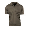 A khaki moisture-free pique polo shirt featuring a classic collar and three-button placket, with a logo.