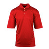 A red polo shirt with a collar and three buttons, featuring a logo on the chest.