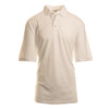 A short sleeve silky soft knit polo shirt in white, featuring a collar and a branding logo.