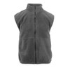 A black fleece vest with a high collar and zip front, featuring a logo. Suitable for layering in cooler weather.