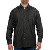 A black long sleeve cotton denim shirt with a button-up front and a chest pocket, featuring a logo.