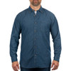 A long sleeve button-up shirt made of cotton denim in a deep blue colour, featuring a chest pocket and logo.