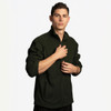 A model wearing a full zip micro fleece jacket in dark green. The jacket features a zip closure and stands collar.