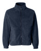 A navy full zip micro fleece jacket with a stand-up collar and zippered pockets. It features a logo on the jacket.