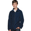 A navy full zip polar fleece jacket worn by a smiling young person, featuring a zipper and two pockets.