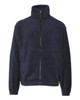 A full zip polar fleece jacket in navy blue with a high collar and a zipper front, featuring a logo on one side.