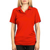 A red polyester sport shirt featuring a collar and short sleeves, with a logo present on the garment.