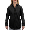 A long sleeve cotton denim shirt in black with a button-up front and a collar. Features a logo.