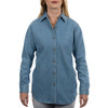 A light blue long sleeve cotton denim shirt with a button-up front, featuring a collar and a branding logo.