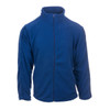 A blue full zip microfleece jacket with long sleeves and a high collar. It features a logo on the front.