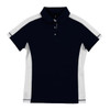 A navy and white moisture-free mesh polo shirt with a collar and short sleeves, featuring a logo.