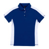 A blue and white polo shirt with a collar and three buttons, featuring a logo on the chest.