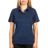 A navy blue polo shirt made from moisture-free fabric, featuring a collar and short sleeves. It has a logo.