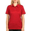 A red polo shirt with a collar and short sleeves, featuring a logo on the upper left.