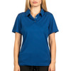 A blue moisture-free polo shirt on a model, featuring a collar and short sleeves, with a branding logo.