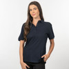 A short sleeve silky soft knit shirt in navy, featuring a collared design and a logo on the chest.