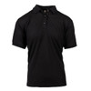 A black short sleeve polo shirt with a collar and three buttons, featuring a small logo on the chest.