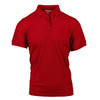 A red short sleeve polo shirt with a collar and three buttons, featuring a subtle logo.