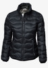 A black puffer jacket featuring a zip front, high collar, and a lightweight design. The jacket has a logo on it.