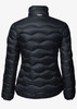 A black puffer jacket with a quilted pattern, featuring a high collar and long sleeves, displayed from the back.