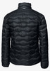 A puffer jacket in black, featuring a textured, quilted design and a high collar. It has a logo on the back.