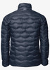 A navy puffer jacket featuring a textured surface and a high collar. The back view shows its insulated design and branding.
