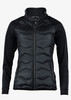 A black puffer jacket with a zip, featuring long sleeves and a logo on the side.