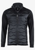 A black puffer jacket with a zip front and fitted design, featuring a logo on the collar.