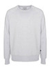 A grey sweatshirt with a crew neck and ribbed cuffs, featuring a logo on the side.