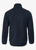 A navy polar fleece jacket with a high collar and long sleeves, featuring a brand logo.