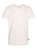 A plain white men’s T-shirt with short sleeves and a small logo on the side.