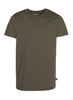 An olive green men's T-shirt with a round neck and short sleeves, featuring a logo on the side.
