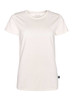 A women's T-shirt in white, featuring a standard crew neckline and short sleeves. Includes a branding logo.