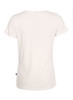 A white women's t-shirt with short sleeves and a back view, featuring a small logo at the hem.