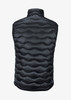 A black puffy vest with a quilted pattern and no sleeves, featuring a collar and a logo.