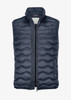 A dark navy puffer vest with a high collar and zip front, featuring a logo on the chest.