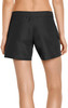 Black women's cargo board shorts with a stylish design and a logo on the waistband. UPF 50+ for sun protection.