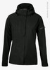A black rain jacket featuring a high collar, hood, and zippered pocket, with a logo on the sleeve.