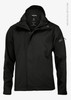 A black soft shell jacket with a hood, featuring a logo and front pocket. Made from recycled polyester.